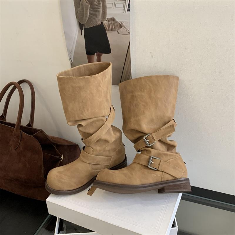 Eilyken Winter Punk Design Belt Buckle Knee High Boots Women Fashion Round Toe Square Heels Shoes Modern Booties