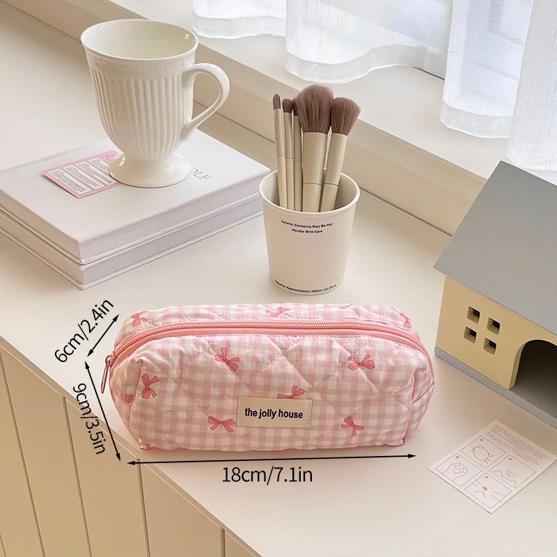 High Appearance Level Large Capacity Pen Bag New Plaid Bow Storage Bag Makeup Bag Girl Pencil Case