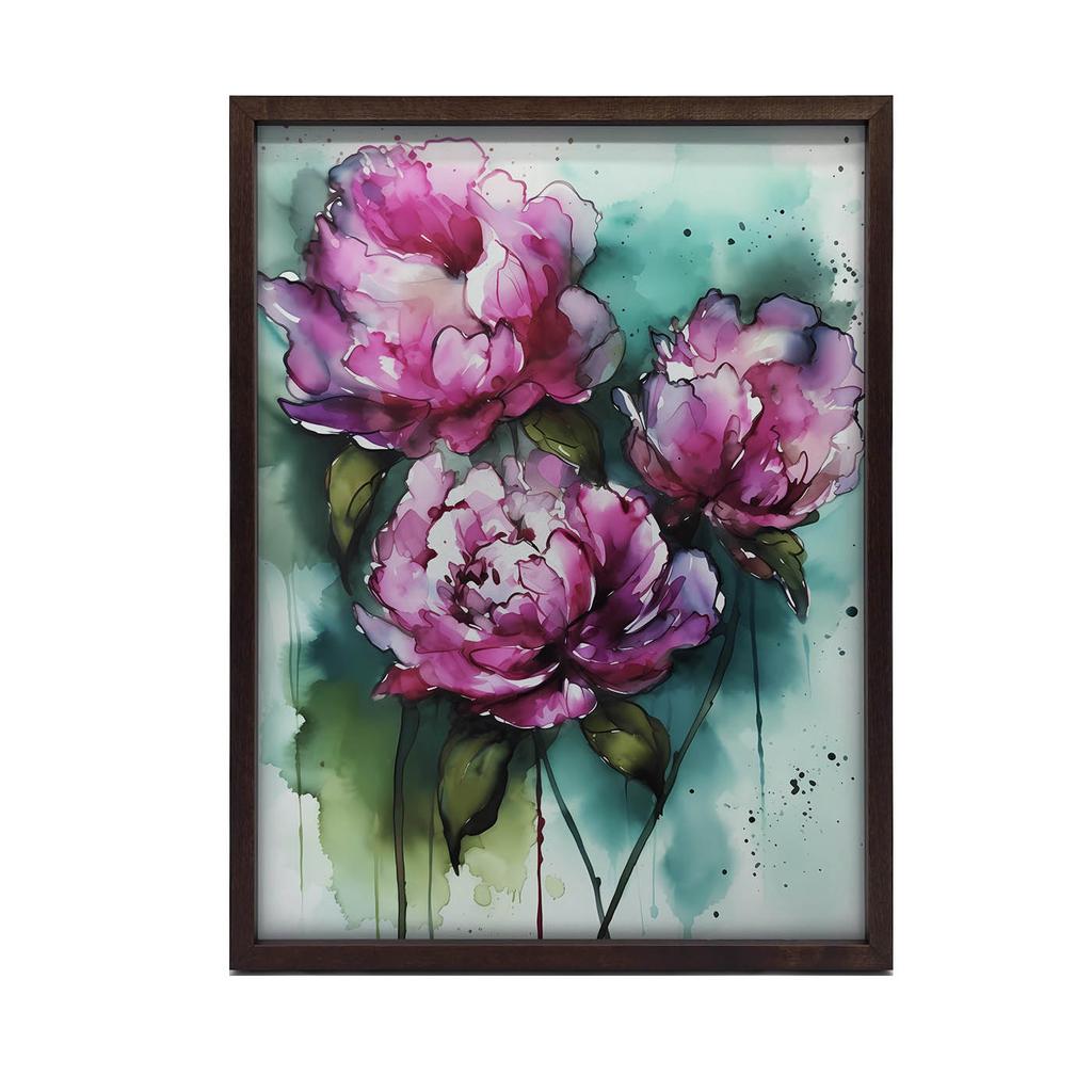 Розовые Пионы На Зеленом Фоне Розовые Пионы На Зеленом Фоне, 30x40 См, Черная Алюминиевая Рама, Матовая Бумага 230 г/м²