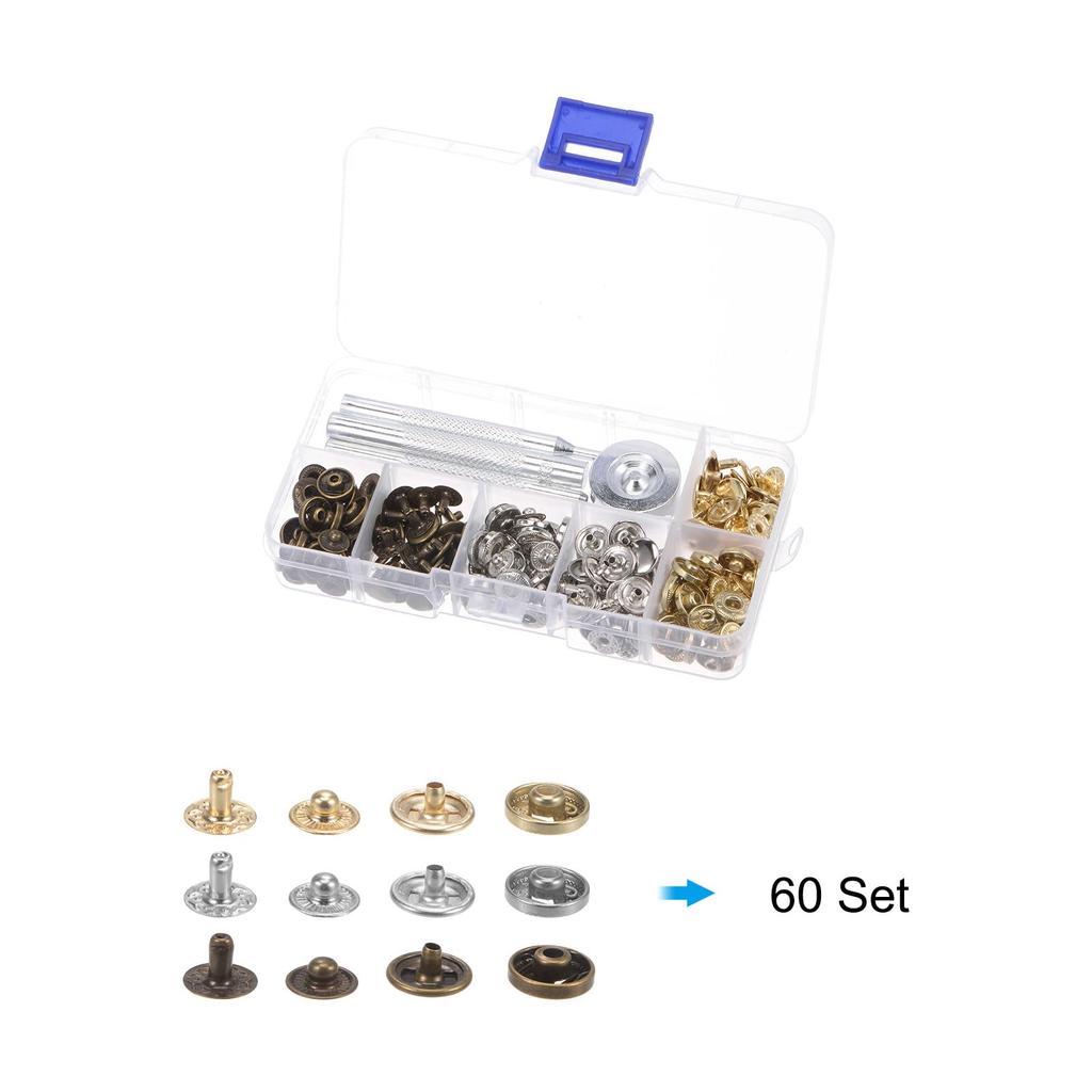 Uxcell Leather Snap Fastener Metal Press Stud Button Tool with 4 Setters and Storage 60 Sets for Clothing and Leather Sewing Kit, Box, 10mm,