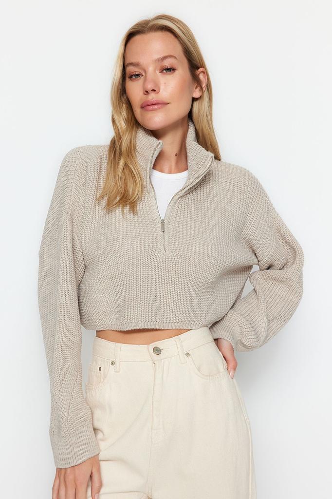 Женский свитер в элегантном стиле, суперукороченный трикотаж с застежкой-молнией и камнем