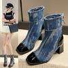 Women's Boots Canvas High-heel Short Boots Autumn Winter Non Slip Patchwork Zipper Square Toe Windproof Fashion Boots