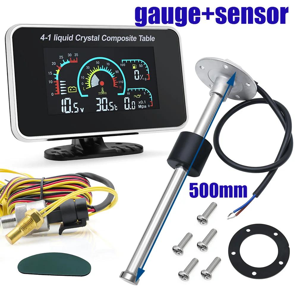 4 in 1 Car Gauge Oil Pressure Water Temp Voltmeter Fuel Level Gauge with 0-190ohm Sensor LED Digital Meter for Truck Car 12V24V
