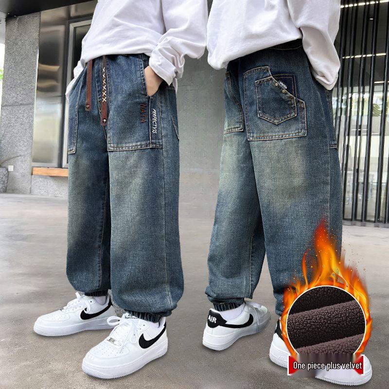 Детские зимние джинсы с толстой флисовой подкладкой - Теплые хлопковые брюки для детей среднего и старшего возраста (Коллекция 2025 г.)