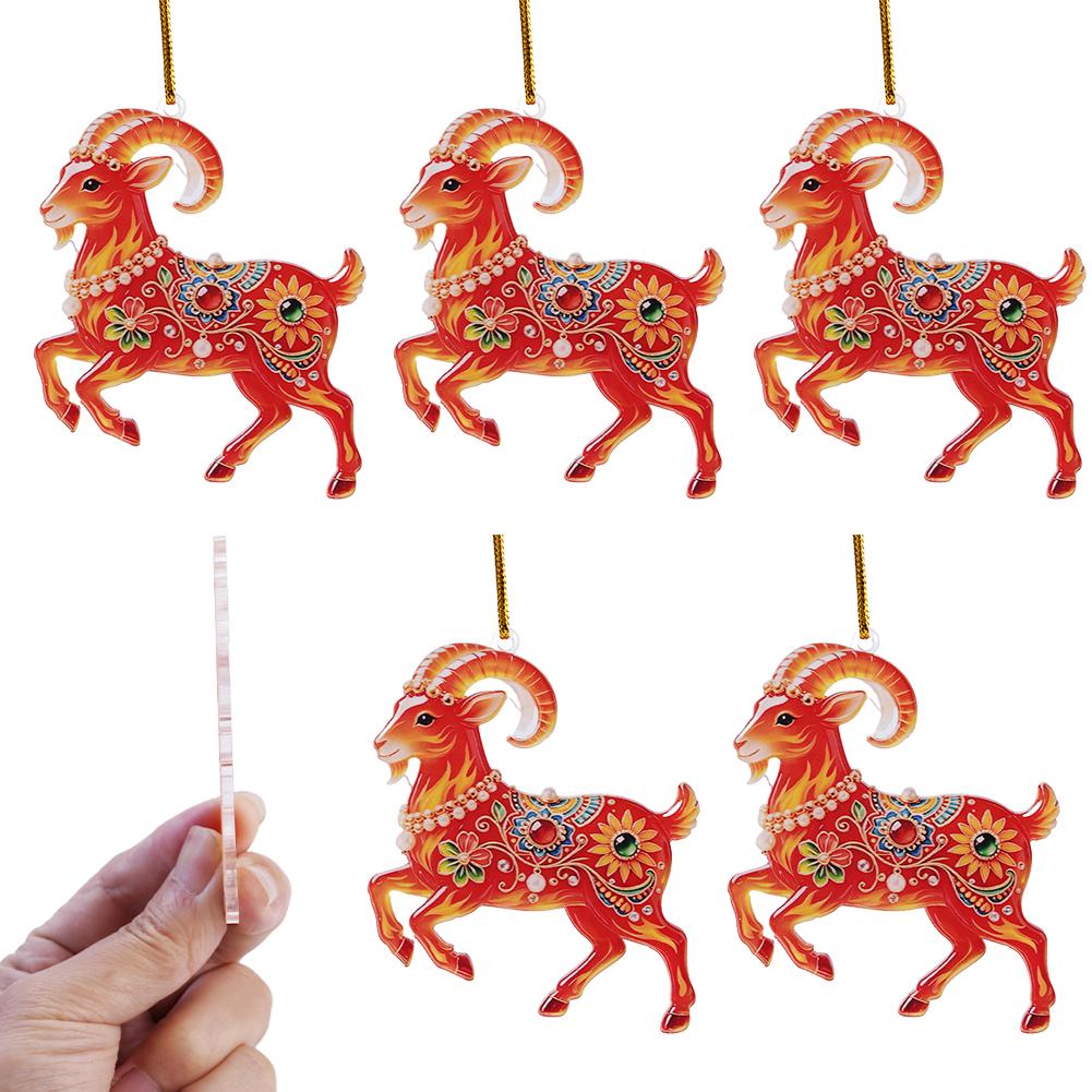 5Pcs 2D Flat Acrylic Goat Christmas Tree Pendants Chinese Zodiac Sheep Animal Hanging Ornaments Xmas Holiday Decor Gifts