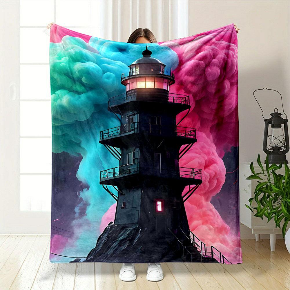 A black lighthouse stands amid vibrant pink and teal swirling clouds. for all seasons blanket lunch break throw gift
