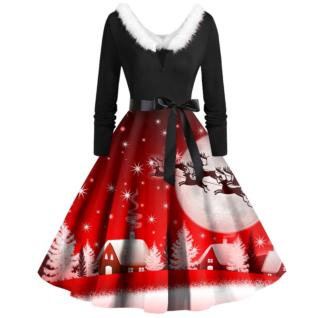 Женское винтажное платье с длинным рукавом и рождественским принтом в стиле 1950-х годов для вечеринки, выпускного вечера, для домохозяйки