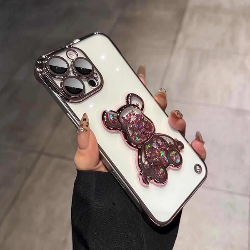 Применимо к iphone17 чехол для мобильного телефона с жидким песком и агрессивным медведем безрамочный Apple 16PROMAX продвинутый чехол с индукционной гальваникой 15