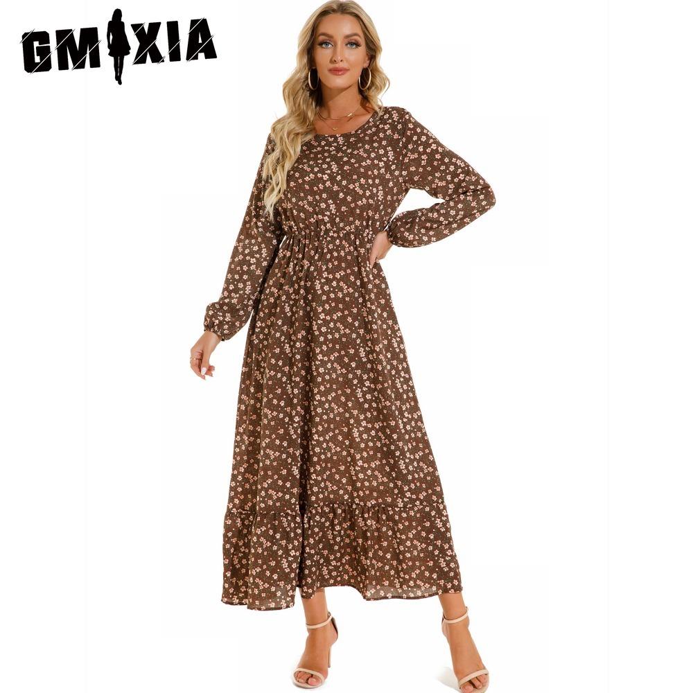 GMXIA Весна Лето Богемный Женское Макси Платье Повседневный Длинный Рукав Высокая Талия Пляжное Платье Женские Цветочные Шифоновые Платья Vestidoes Mujer Новинка