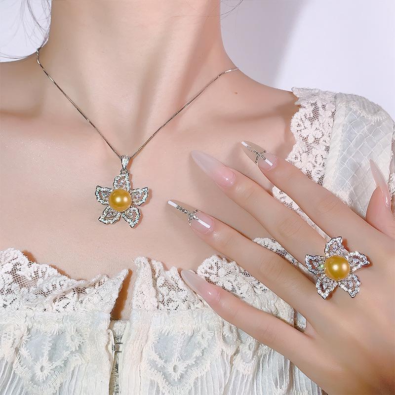 Pearl Set, Sunflower Design Necklace, Ring, High-End Light Luxury Fashion Women