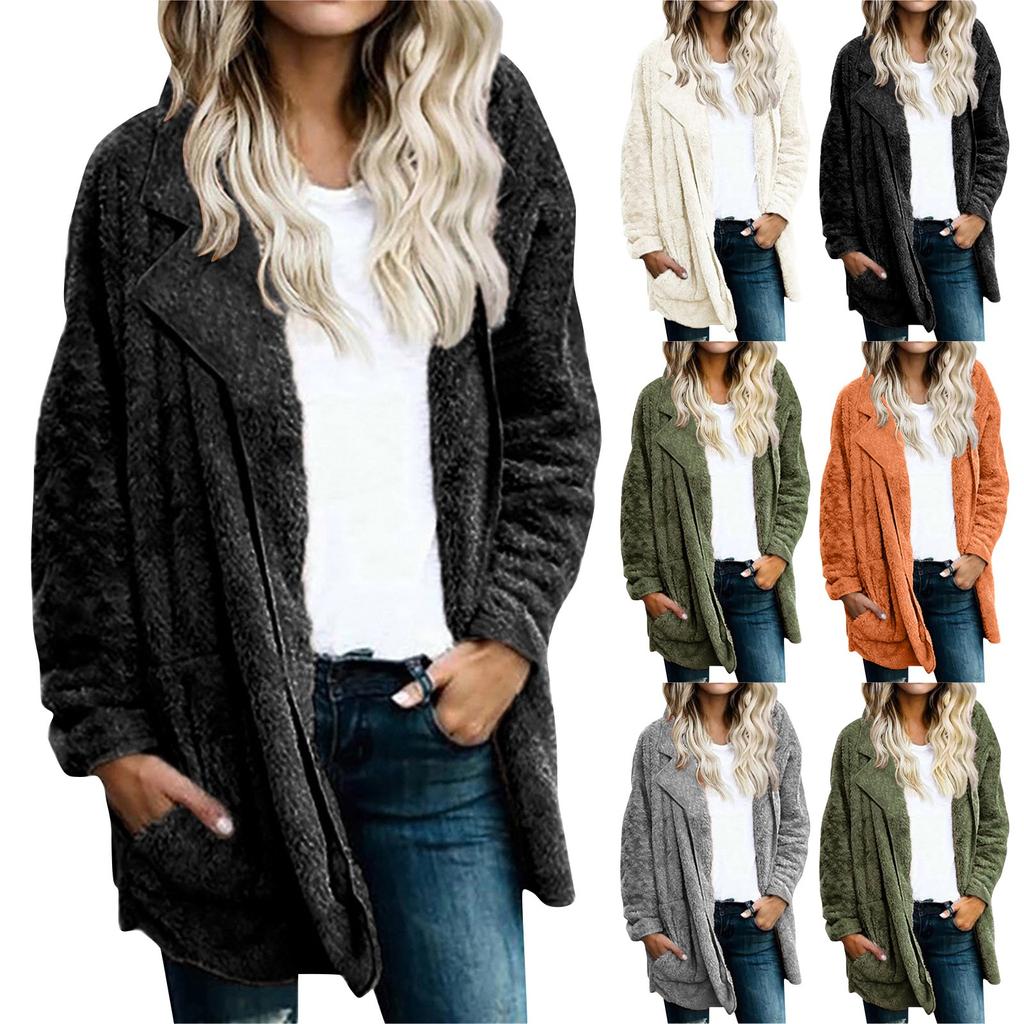 Женский модный плюшевый костюм с лацканами, свободная однотонная куртка средней длины с длинными рукавами