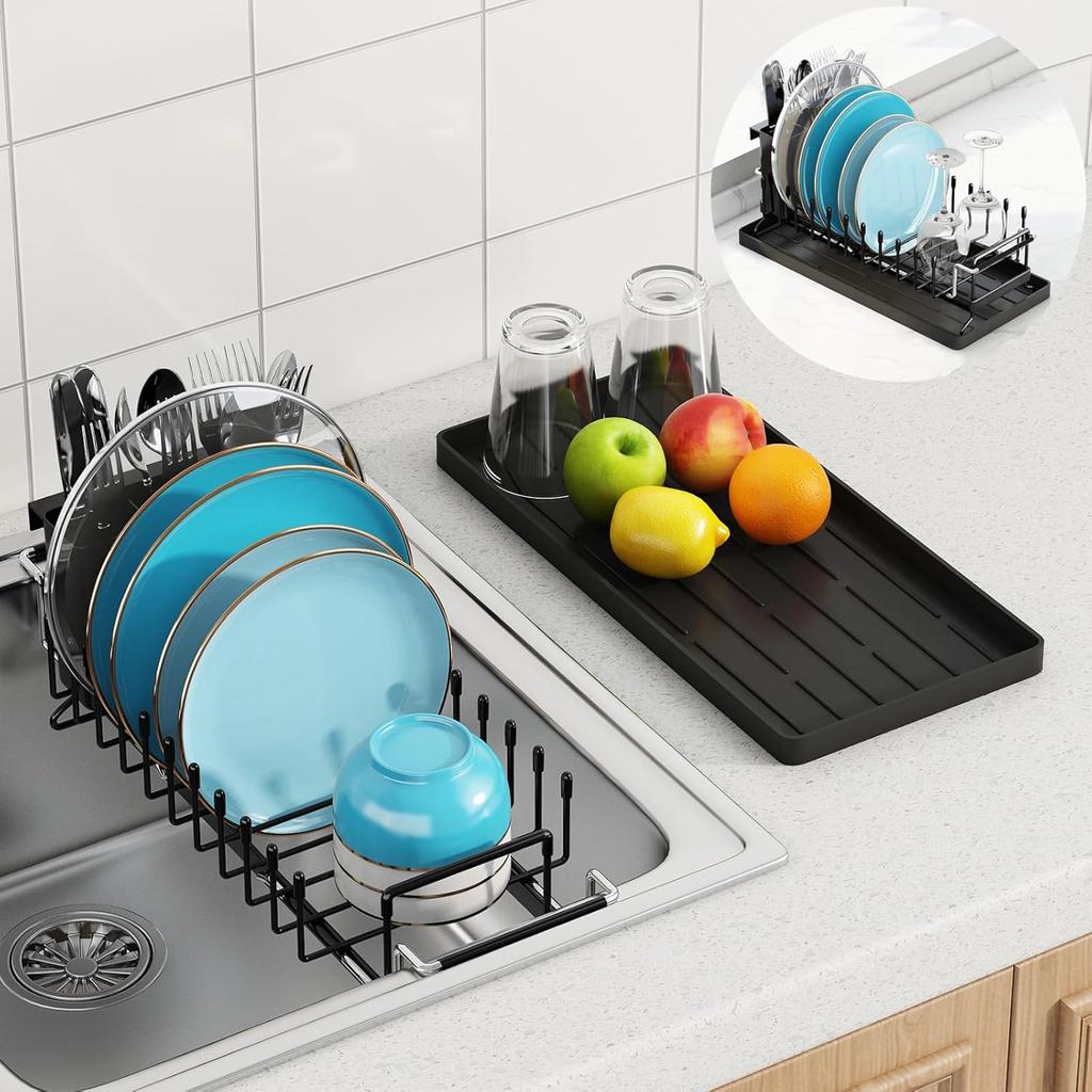 Sink Dish Drying Rack Expandable Dish Rack Over Sink with Silicone Drying Tray Drainer for Kitchen Counter with Cutlery Holder
