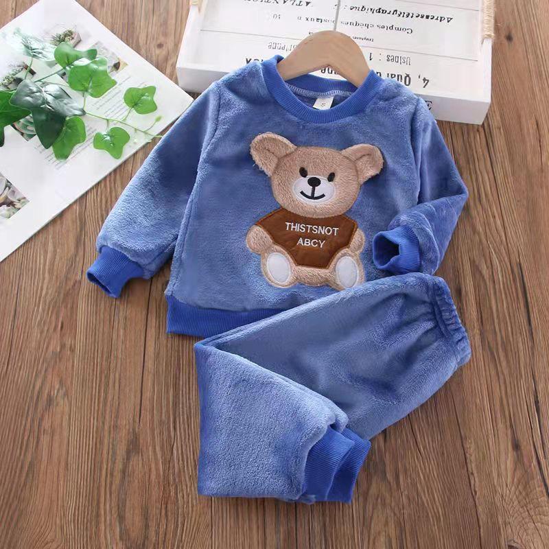 Children's Autumn and Winter Pajamas with Cartoon Bear Flannel Set of Home Clothes