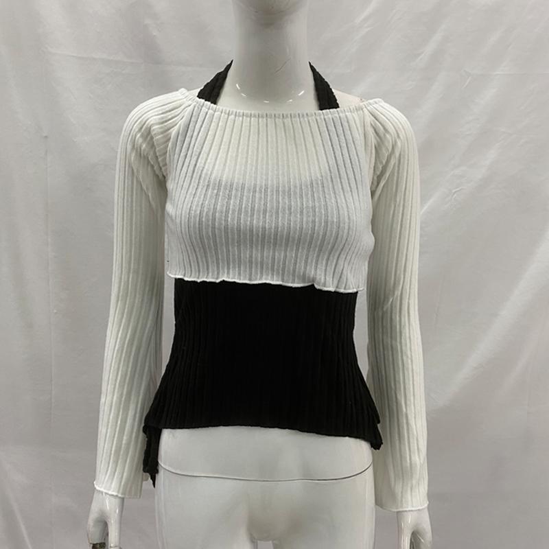 Европейский и американский женский трикотажный облегающий топ с длинными рукавами и контрастной расцветкой из двух частей в стиле Y2K с вырезом на шее