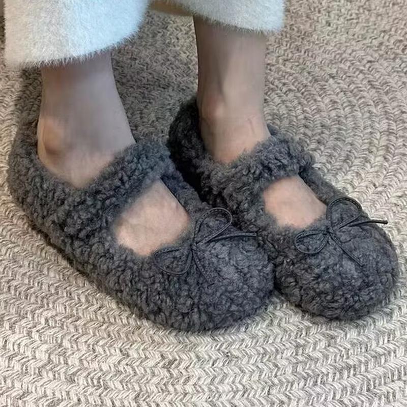 Женские туфли Мэри Джейн с бантом на плоской подошве на меху, элегантные туфли на плоской подошве, модная зимняя обувь 2025 года, трендовые короткие плюшевые повседневные новые женские туфли