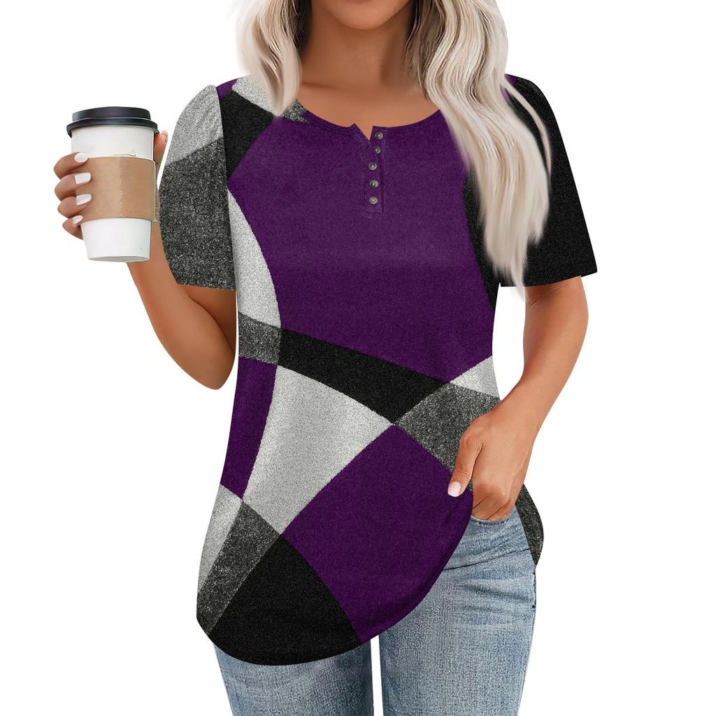 Women's Fashionable Casual Short Sleeve Button Print Round Neck Pullover Top