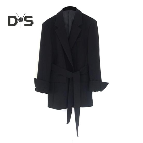 Весна Осень Костюм Пальто Длинный Рукав Шнуровка Ремень Талия Костюм Пиджак Однотонный Цвет Карманы Клапаны Средняя Длина Деловая Верхняя Одежда