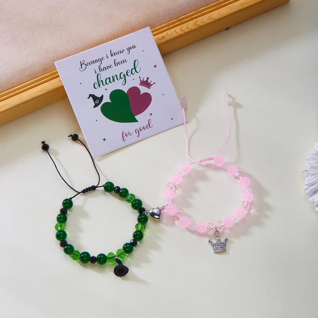 2pcs Magic Stick Hat Crown Matching Bracelets for Women Sweet Pink Green Bead Handmade Stretch Bracelet BFF Jewelry Gifts