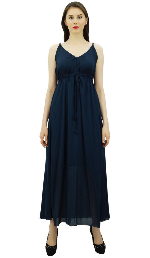 Bimba Women's Long Maxi Cotton Beach Dress Drawstring Waist Strappy Resort