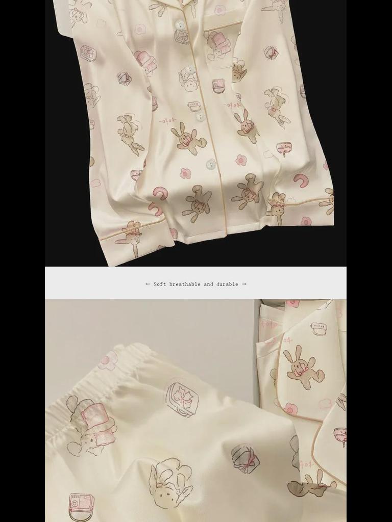 Пижамный комплект с принтом кролика «Весна и осень»: Топ с лацканами и брюки с длинными рукавами