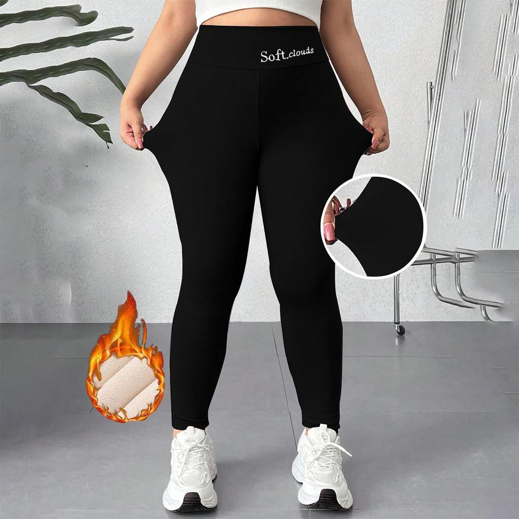 Women's High Waist Casual Pants Solid Color Fleece Thermal Leggings Winter Long Fleece Trousers Plush Running