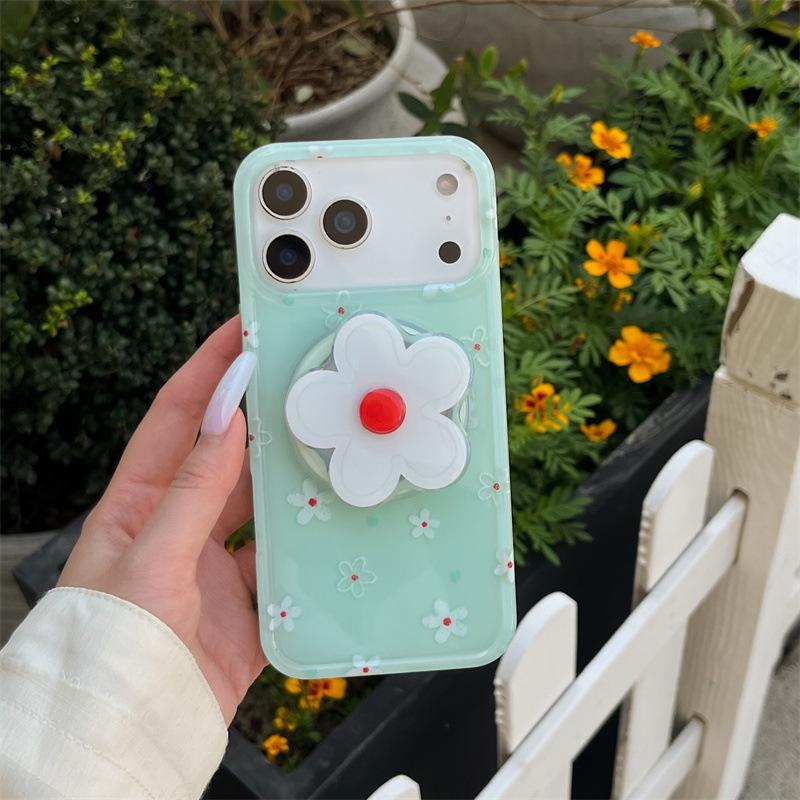 Mint Green & White Floral Magnetic Stand Case for iPhone 17/16 Pro Max/15 Pro