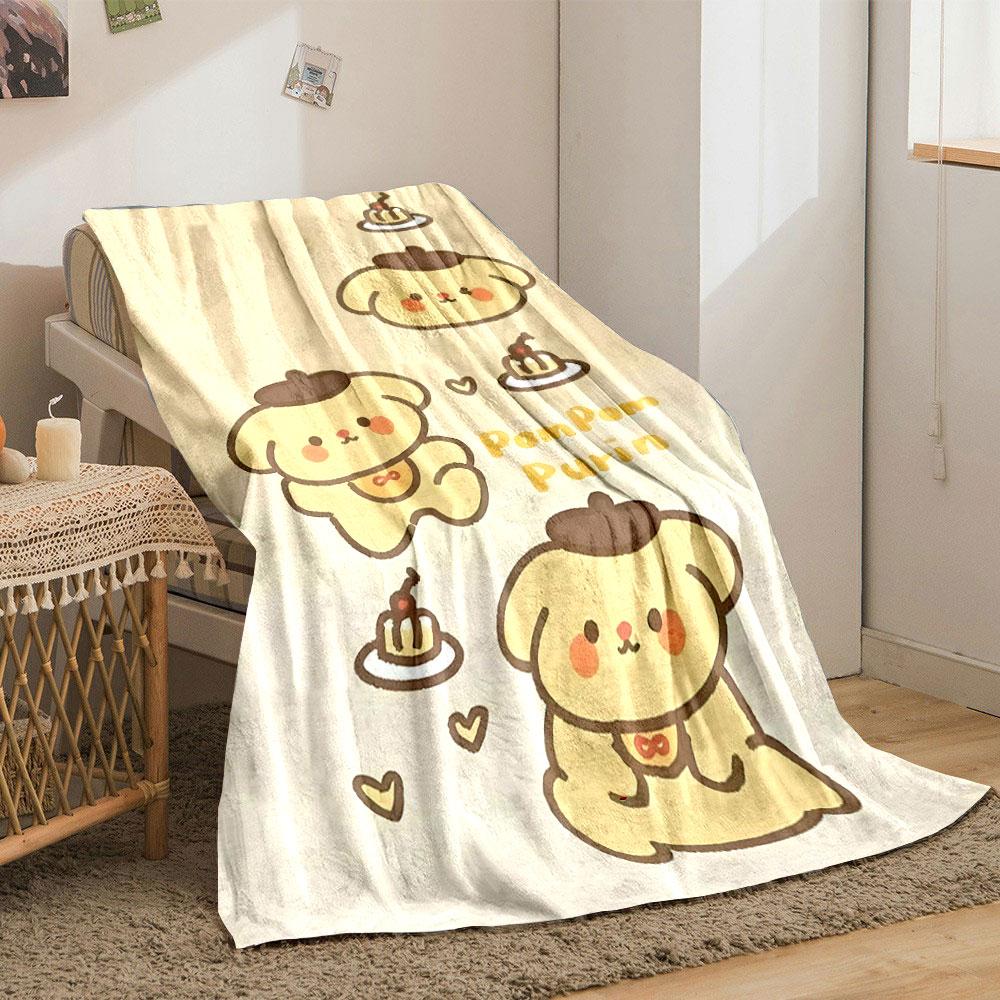 Cartoon dog in a beret with pudding, hearts, and "Pompom Purin" text. for all seasons blanket lunch break throw gift