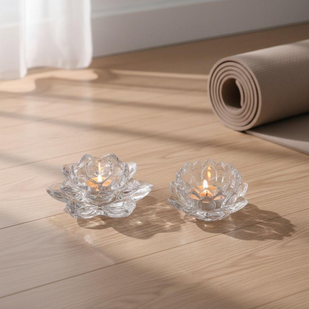 2Pcs Elegant Chinese Glass Lotus Candle Holder Creative Simple Candles Stand Home Decor