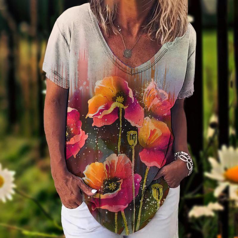Fashion Women'S T-Shirt 3d Flowers Print Clothing V-Neck Short Sleeve Tops Summer Harajuku Ladies Pullover Oversized Female Tees