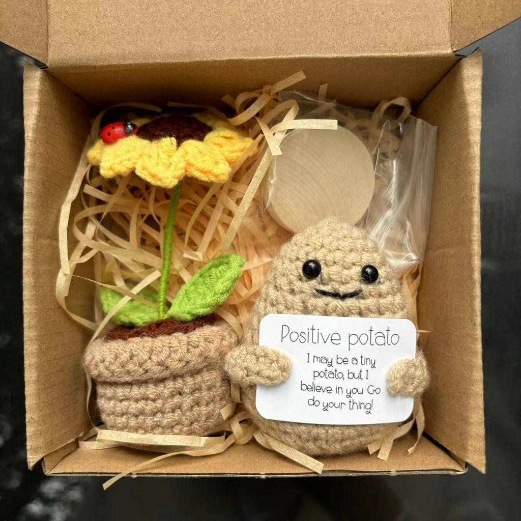 2Pcs Positive Energy Cucumber with Sunflower Pot Kit Home Room Decor Funny Handmade Knitted Potatoes Wool Doll Christmas Gifts