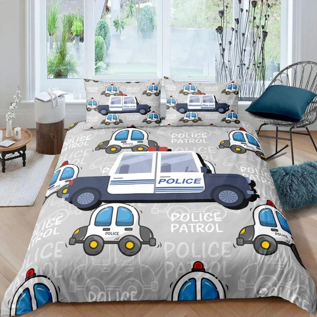 Police Car Duvet Cover Set King Queen Size Polyester Quilt Cover Cartoon Car Pattern For Kids Teens Bedding Set With Pillowcase