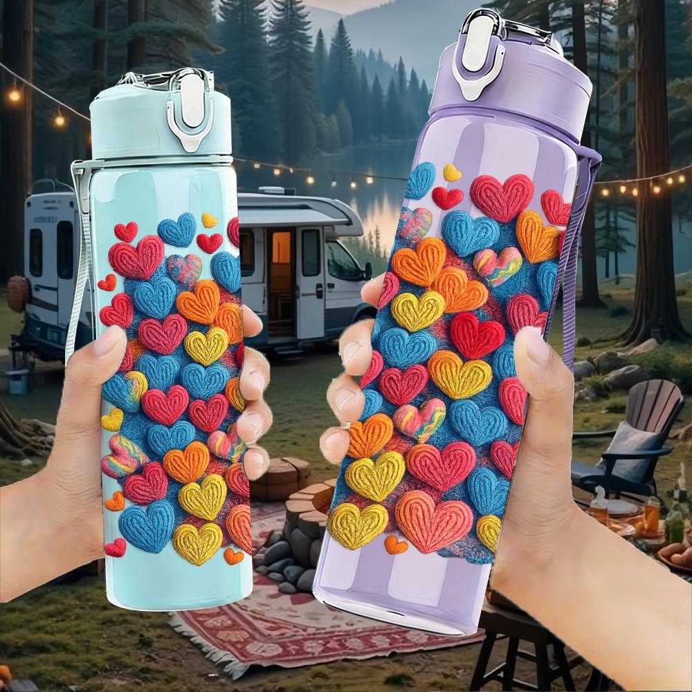 1PC Multicolor Yarn Ball Repeat Print 750ml Color Plastic Sports Water Bottle Leakproof Flip Straw Lid Suitable for Sports Office Home Use
