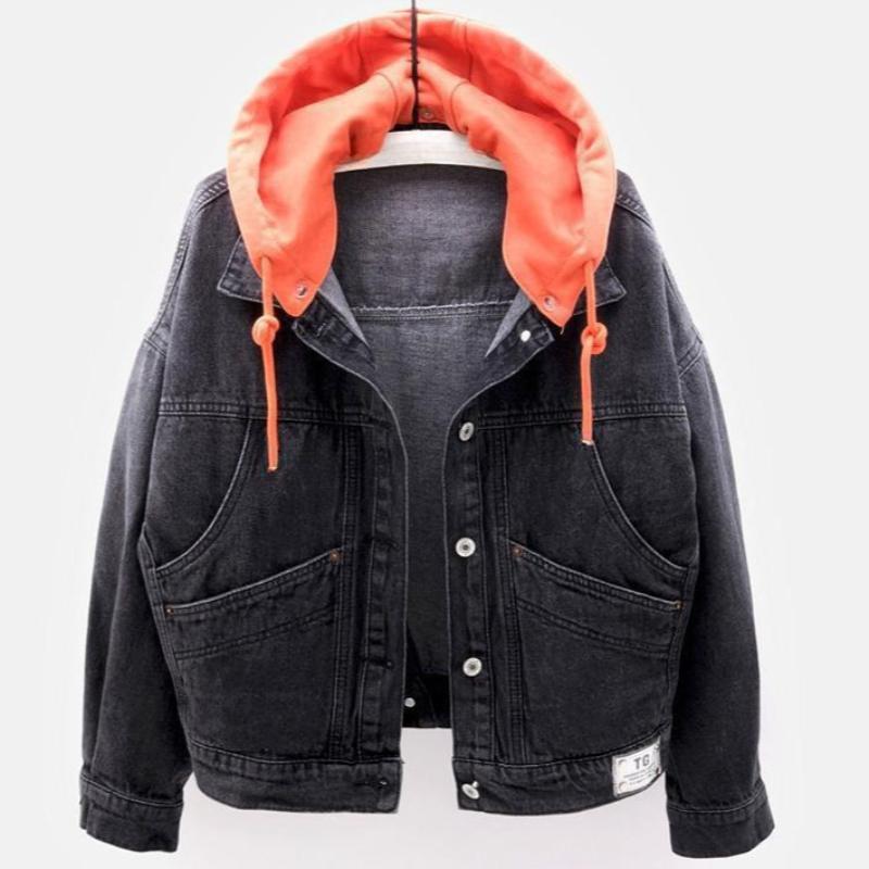 Denim Jacket Women Korean Style Loose Short Coat Long Sleeve Hooded Jacket Multi-Pockets All-match Tops