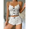 2Pcs/Set Lady Homewear Top Shorts Suit Heart Print Bow Decor Sleeveless Backless Vest Elastic High Waist Short Pants  Shorts Outfit Lady Summer