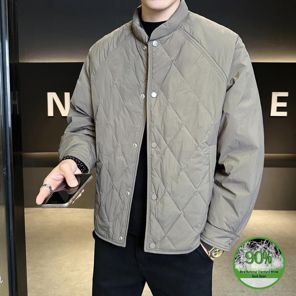Men's 2025 Trendy Stand Collar Quilted Down Jacket with Lightweight White Duck Down Liner