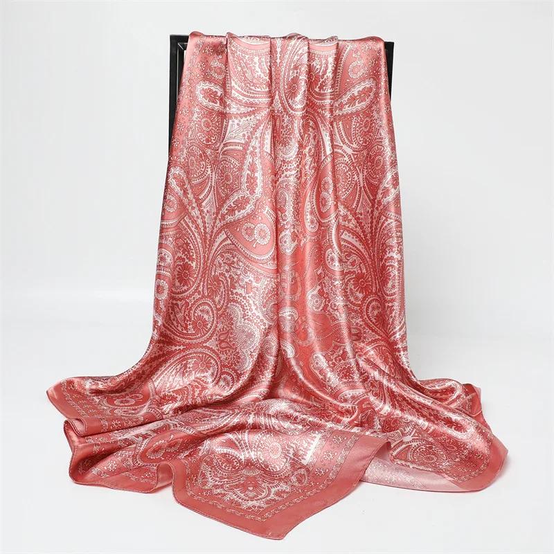 New Spring/Summer Orange Imitation Silk Neckerchief Outdoor Decoration Wraps for Women 90*90cm Cashew Print Square Scarf