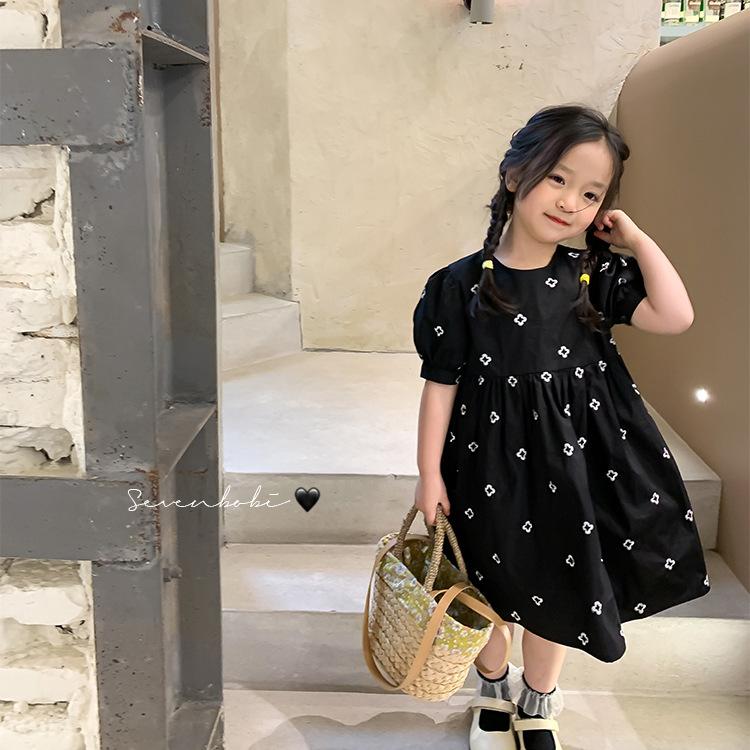 Детское платье в корейском стиле, новое платье принцессы с рукавами-фонариками, черное платье с вышивкой