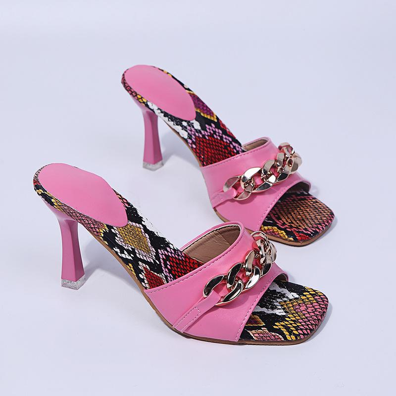 Модные летние тапочки 2024 года, женские сексуальные босоножки на высоком каблуке с цепочкой, женские туфли на каблуках с открытым носком, повседневные босоножки на тонком каблуке, сандалии Mujer