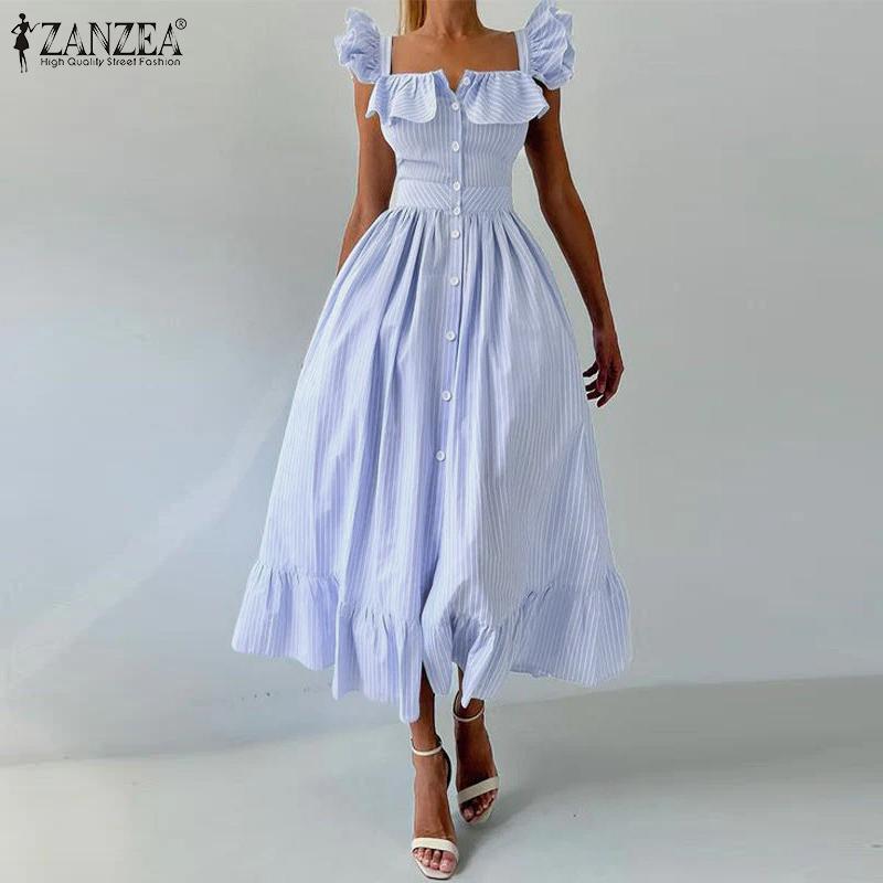 ZANZEA Summer Women Flare Sleeve Buttons Striped Casual Holiday Pleated Dress