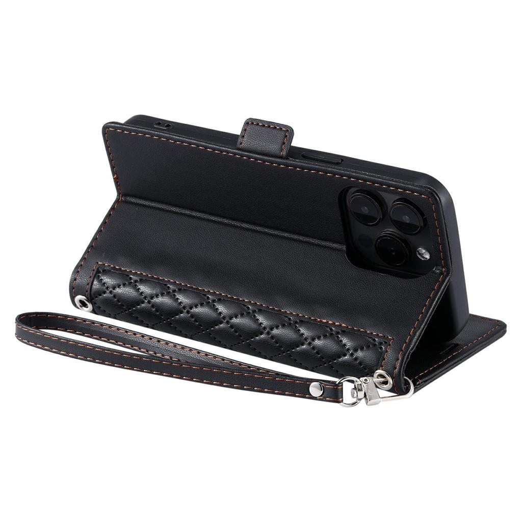 For iPhone 16 Pro Leather Case Rhombus Texture Wallet Stand Phone Cover with Wrist Strap