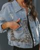 Leopard Print Patchwork Ripped Denim Casual Jacket