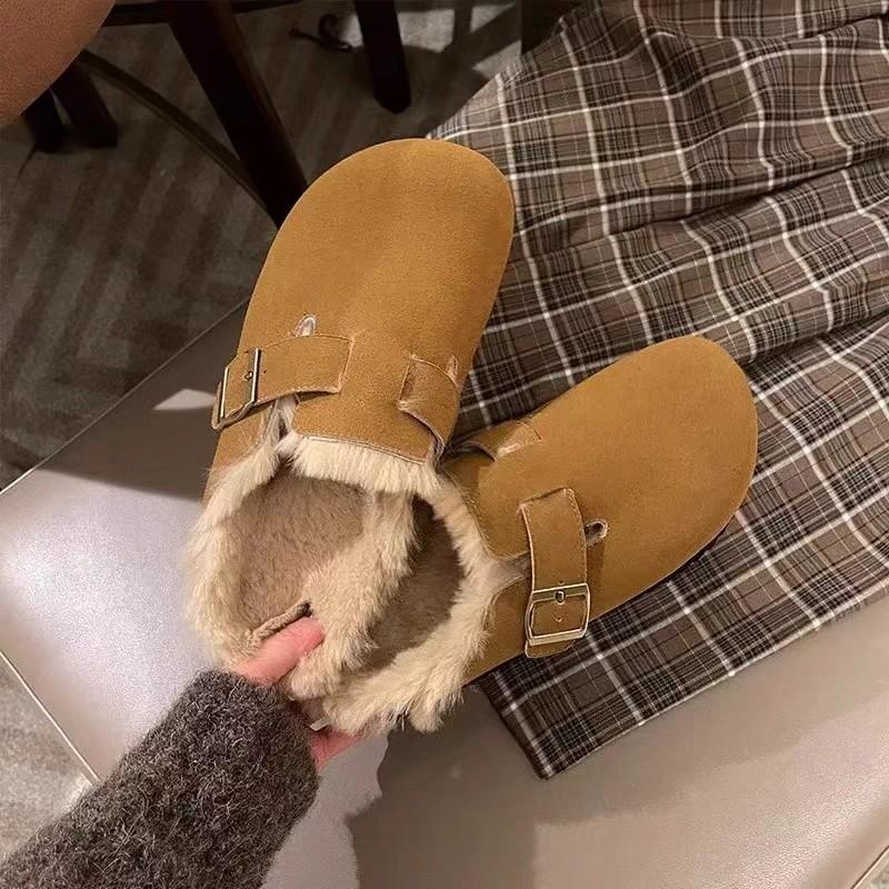 Women's Baotou Slippers Winter Round Head Deep Mouth Belt Buckle Soft Sole Anti-slip Wear-resistant Flat Shoes