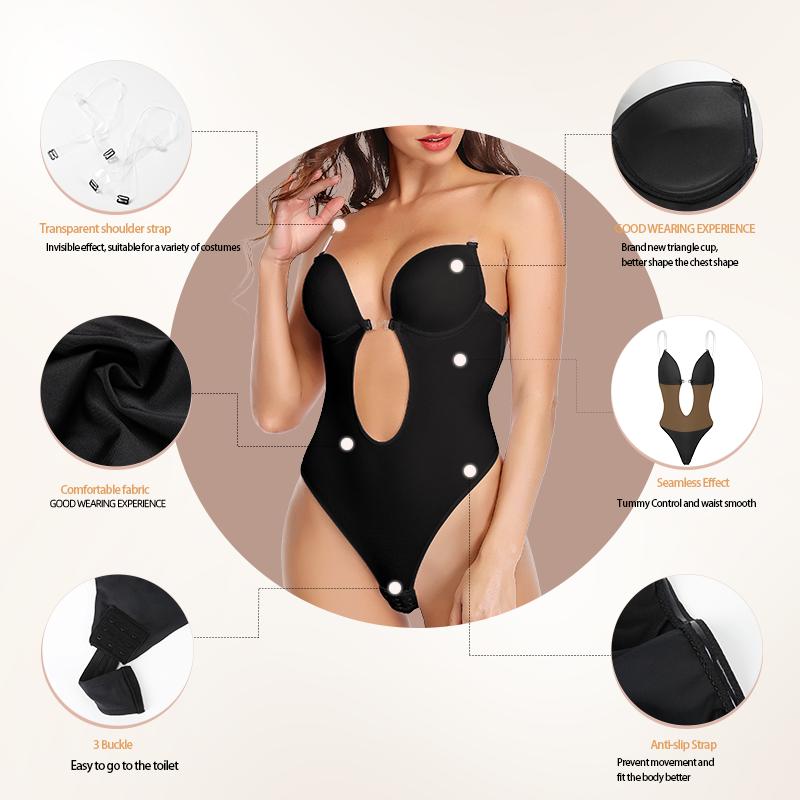 Women Shapewear Deep V-Neck Body Shaper Backless U Plunge Thong Shapers Waist Trainer Women's Clear Strap Padded Push Up Shapewear