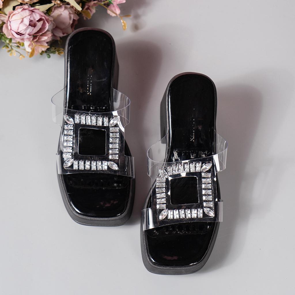 Толстоподошвенные туфли на высоком каблуке, прозрачные шлепанцы со стразами, женская летняя полузакрытая обувь для улицы, новая модная обувь-шлепанцы на одно слово, женская