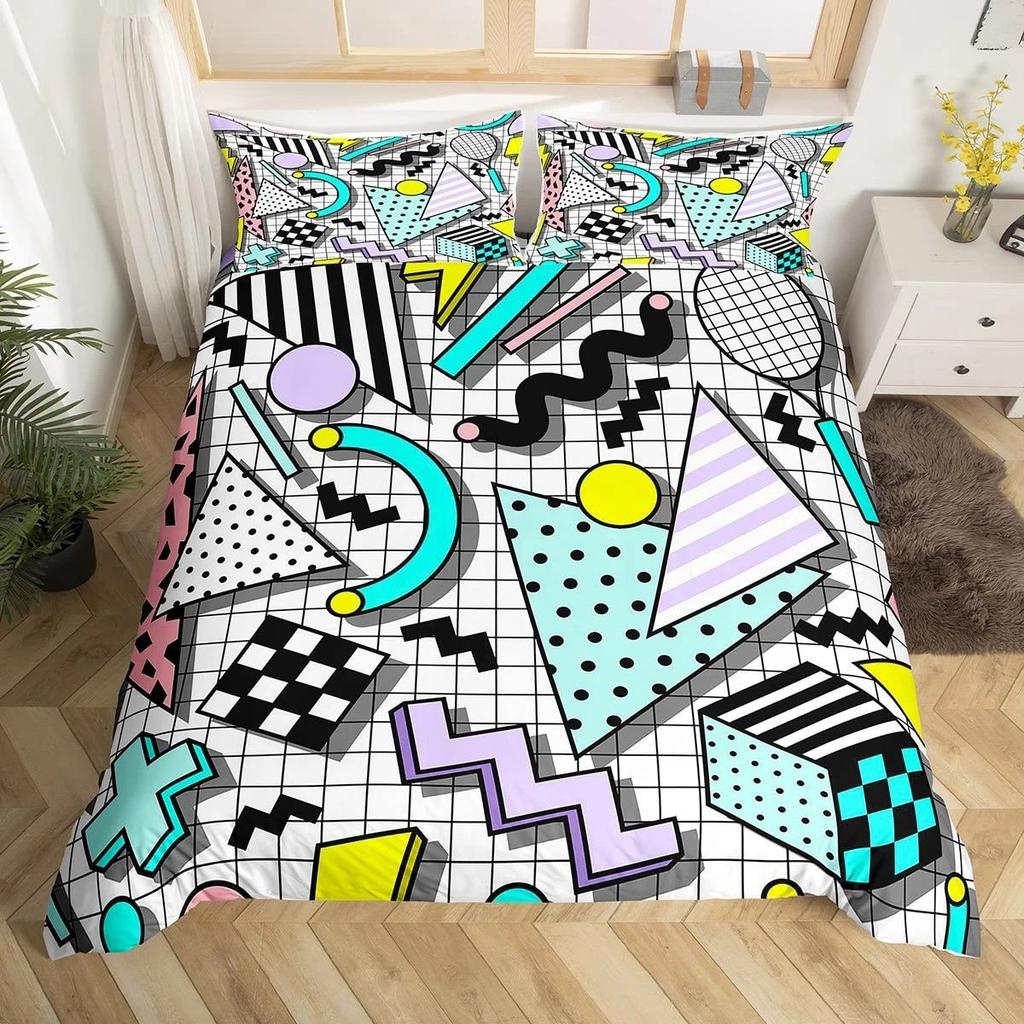 Retro Memphis Style Duvet Cover Set Galaxy Fashion Style Geometric Shapes Bedding Set Full,Hipster Old Fashioned Comforter Cover