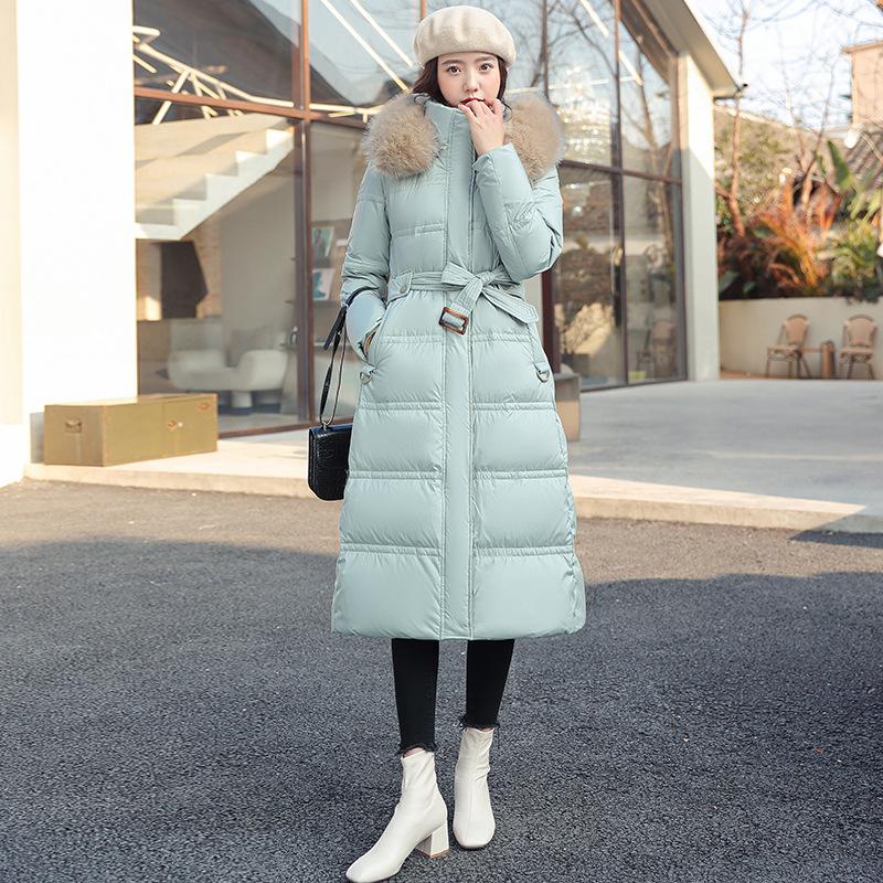 Women's Autumn And Winter Overcoat Long Knee-length Down Cotton Jacket Large Wool Collar Slim Fitting Waist Band Cotton Jacket
