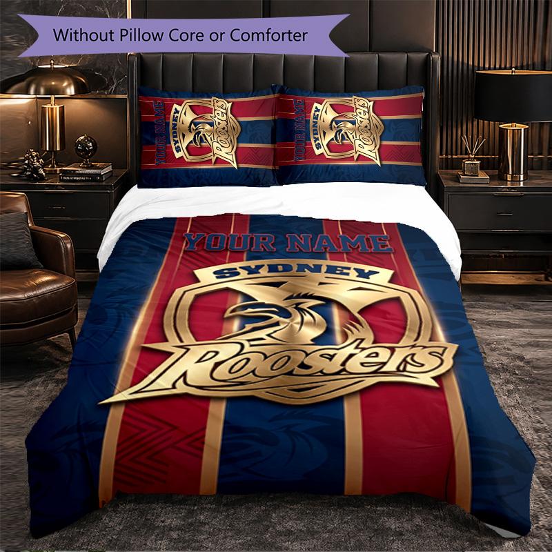 Sydney Roosters Customized Name Text Bedding Set, 1 Duvet Cover & 2 Pillowcases Personalized Bedroom Gift