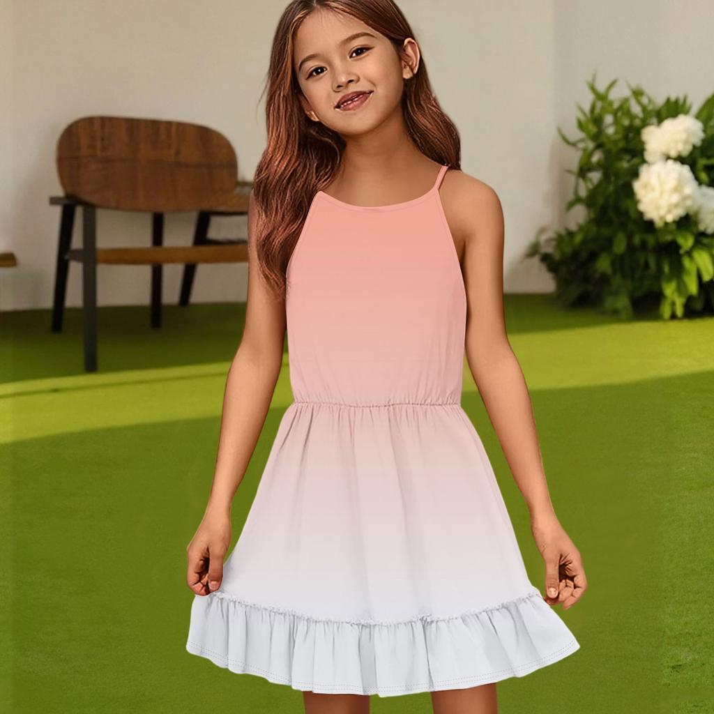 Детское летнее повседневное модное платье с круглым вырезом, однотонное, без рукавов