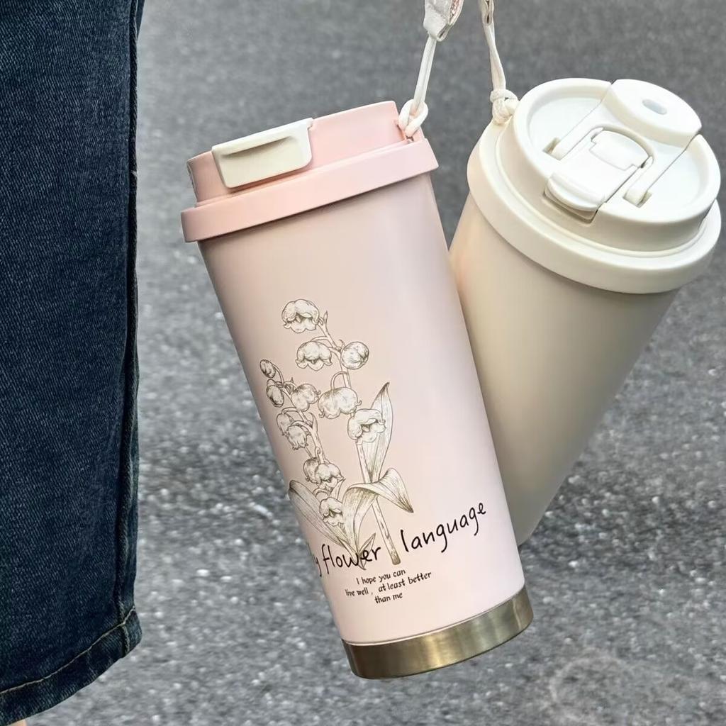 Retro Lily Of The Valley Thermos Cup 316 Stainless Steel Straw Coffee Cup Girls High Value Large Capacity Gift Cup