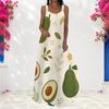 Women Plus Size Scoop Neck Strappy Sleeveless Fruit Leaf Printed A Line Maxi Dress